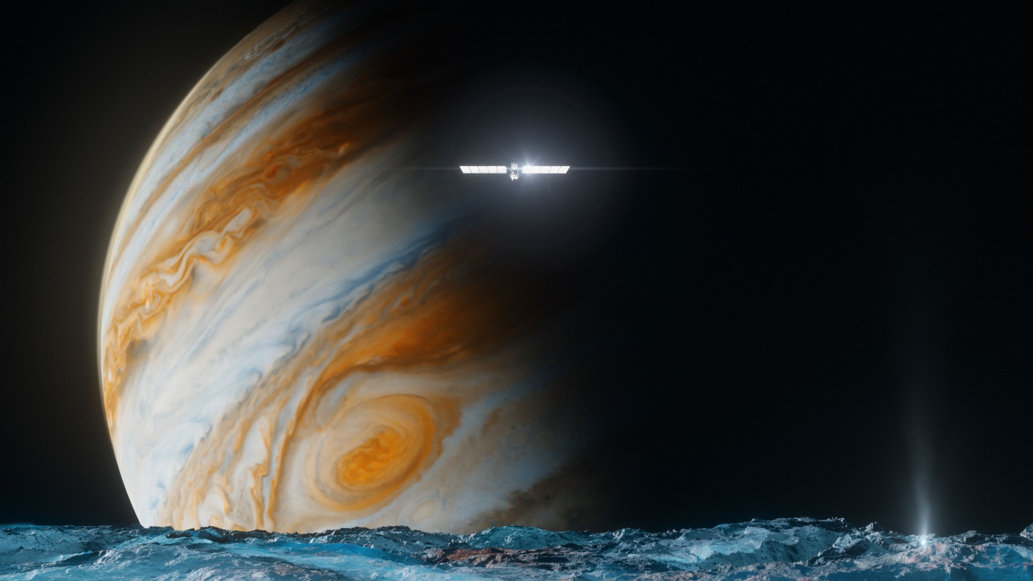 An artist's concept of Europa Clipper flying above Europa and in front of Jupiter.