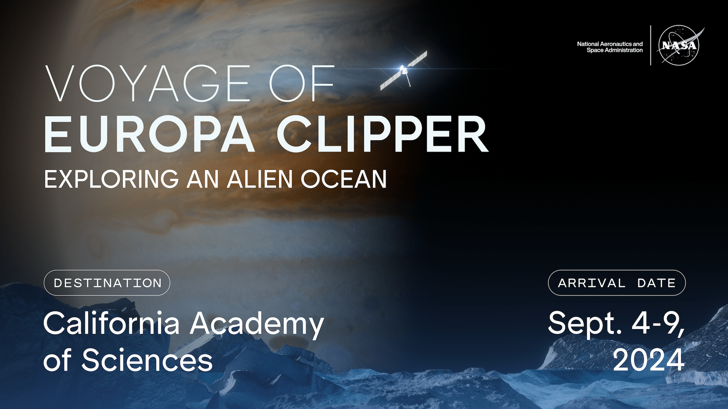 In this illustration, a shiny, silver Europa Clipper is shown over the blue, icy surface of Europa with Jupiter and its swirls of reddish brown and orange clouds. Text over the illustration promotes NASA's Europa Clipper Roadshow.