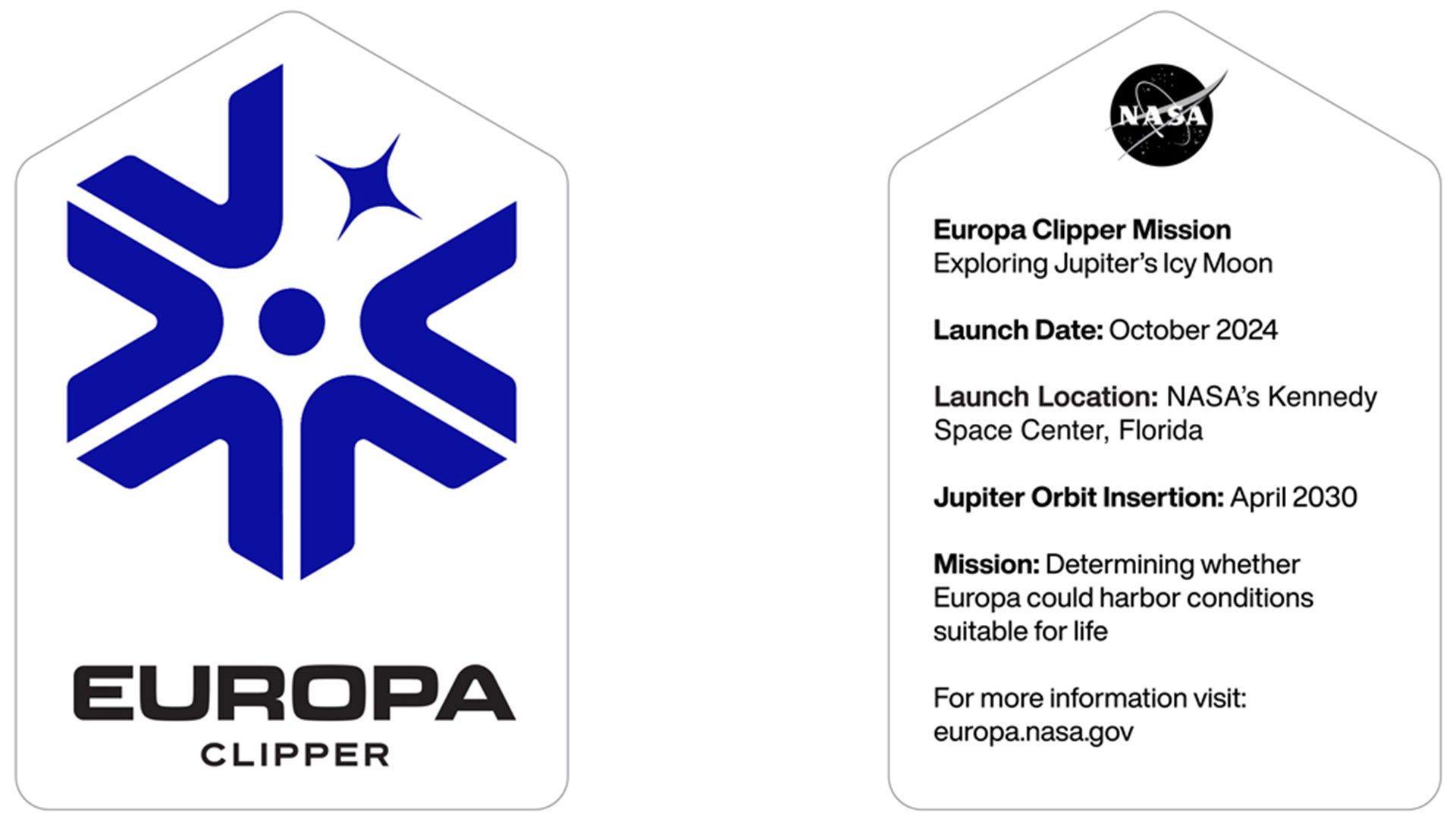 An image of a Europa Clipper sticker. It has the blue Europa Clipper logo on the left, and text describing the mission on the right.