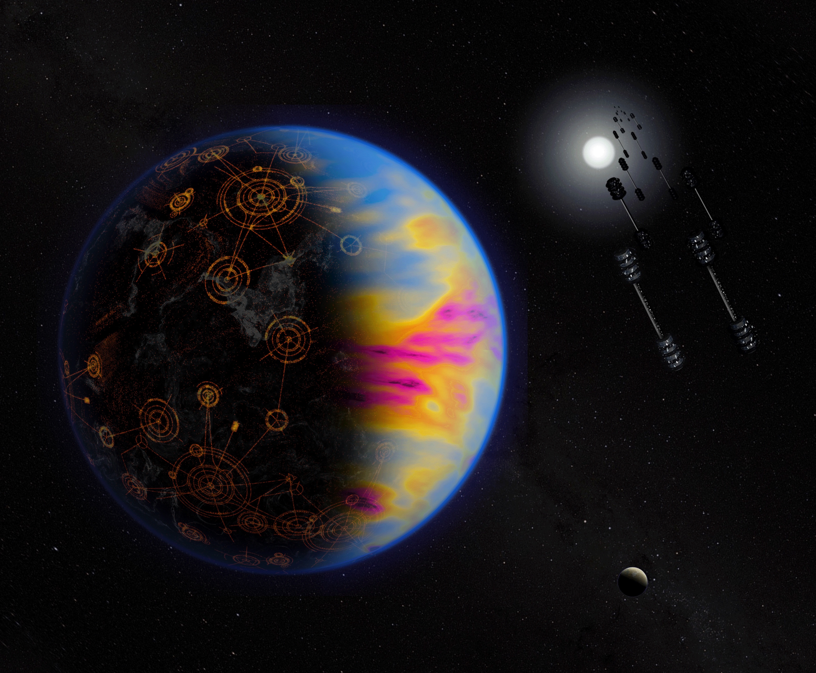 Conceptual image of an exoplanet with an advanced extraterrestrial civilization.