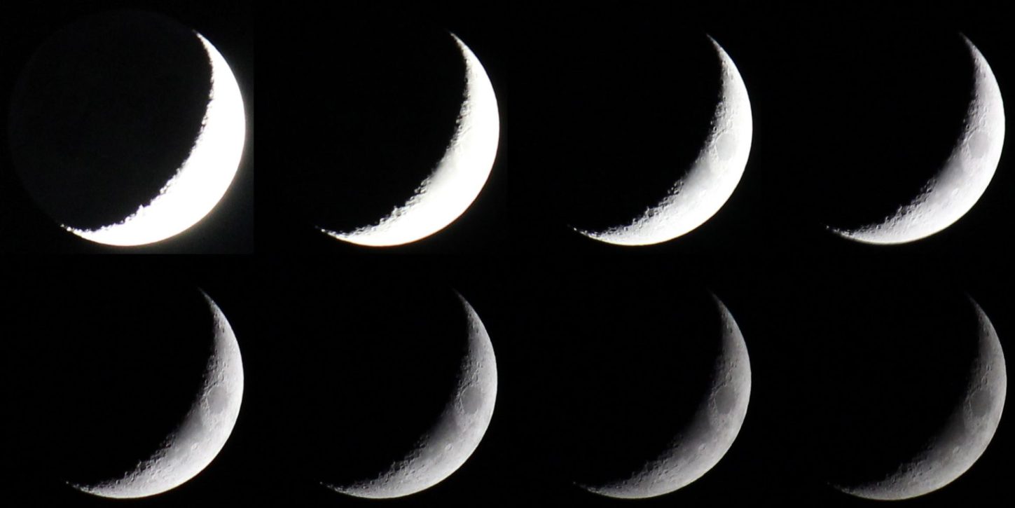 Eight images of the same crescent Moon, progressing from very bright and washed out to very dim.