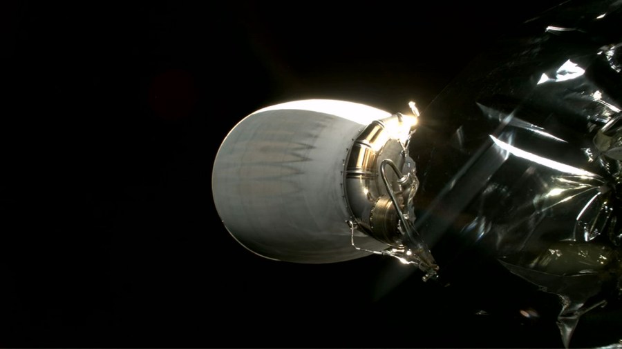 The second stage of SpaceXâs Falcon Heavy completes its final burn ahead of deployment of NOAAâs GOES-U mission on Tuesday, June 25, 2024.