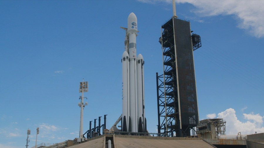 A SpaceX Falcon Heavy rocket carrying the National Oceanic and Atmospheric Administration (NOAA) GOES-U (Geostationary Operational Environmental Satellite U) stands vertical at Launch Complex 39A at NASAâs Kennedy Space Center in Florida on Tuesday, June 25, 2024.