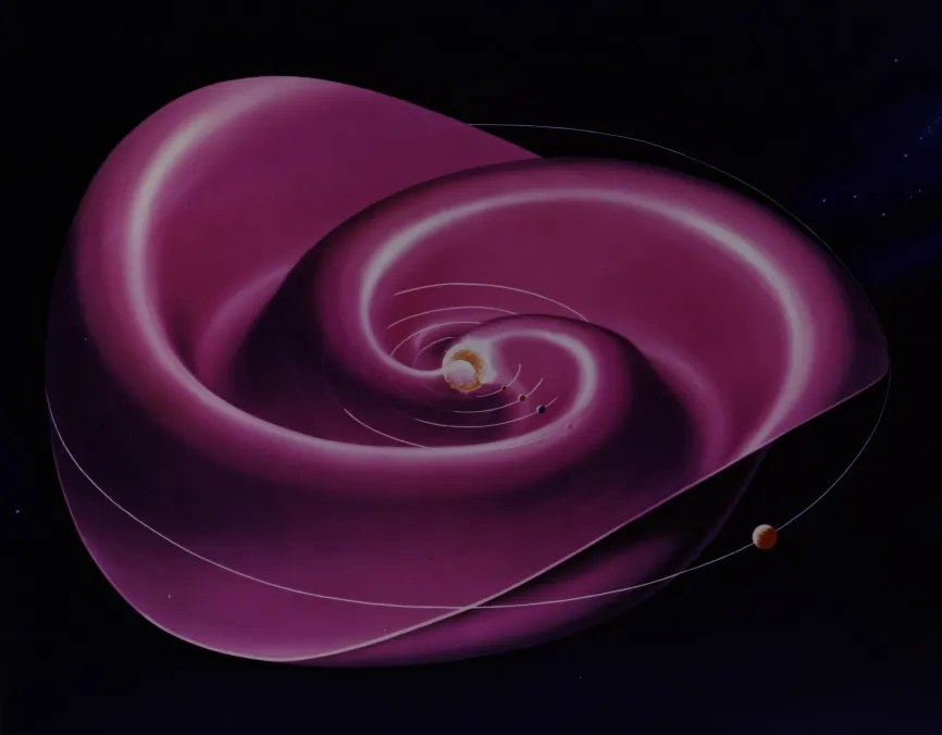 Illustration of the Parker Spiral, a model of the solar magnetic field as it extends through the solar system. The Sun is at the center, emitting a spiraling stream of solar wind that twists into a spiral shape due to the Sun’s rotation. The pink spiral structure represents the interplanetary magnetic field carried by the solar wind. Several planets, including Earth and Mars, are shown orbiting the Sun within this magnetic structure.