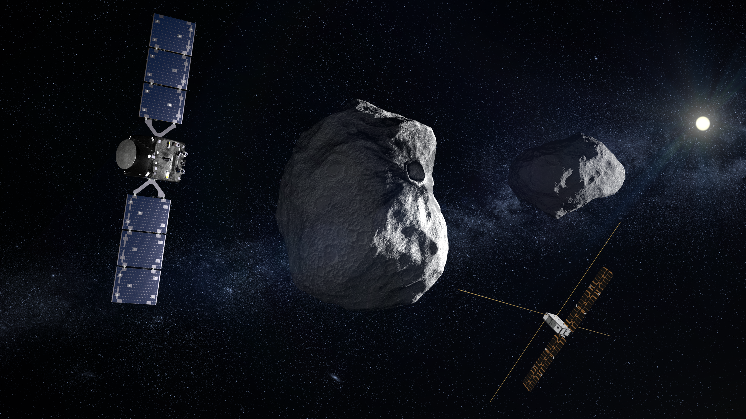 This artist’s concept shows ESA’s Hera spacecraft and its CubeSats in orbit around the Dimorphos moonlet