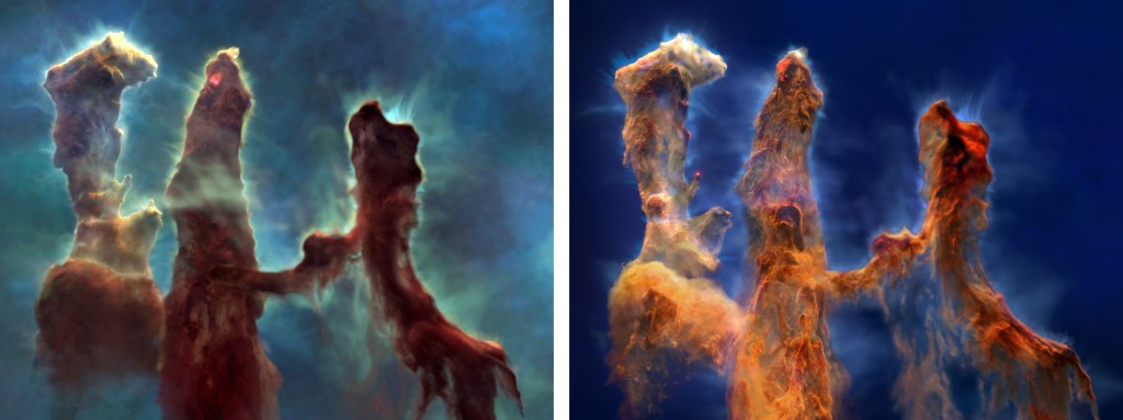 Two visualizations using Hubble and Webb data. The left image is from visible-light data collected by Hubble. The right visualization is from infrared-light data collected by Webb.