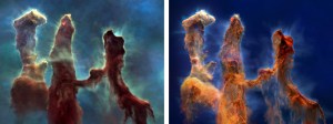 Two visualizations using Hubble and Webb data. The left image is from visible-light data collected by Hubble. The right visualization is from infrared-light data collected by Webb.