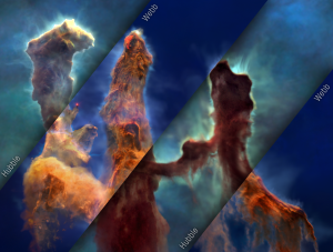 Mosaic of the Pillars of Creation visualization model, composed of 4 rectangular strips oriented 45 degrees clockwise from vertical. Strips alternate between Hubble and Webb views of the visualization model, with each strip labeled: “Hubble” at lower right corners of first and third strips; “Webb” at upper left corners of the second and fourth strips. Webb strips have drop shadows that make it look like they are overlaid on top of larger Hubble image. Mosaic shows 3 vertical structures (pillars) of thick smoke-like material. Pillar edges are glowing, with thin wisps of material moving away into space. In Hubble strips, pillars are dark brown and opaque, on greenish blue background. In Webb strips, pillars are bright orange to brown with a distinct area of bright red at the top of middle pillar. A red star appears at the tip of a peak in the left pillar and the background is deep blue.