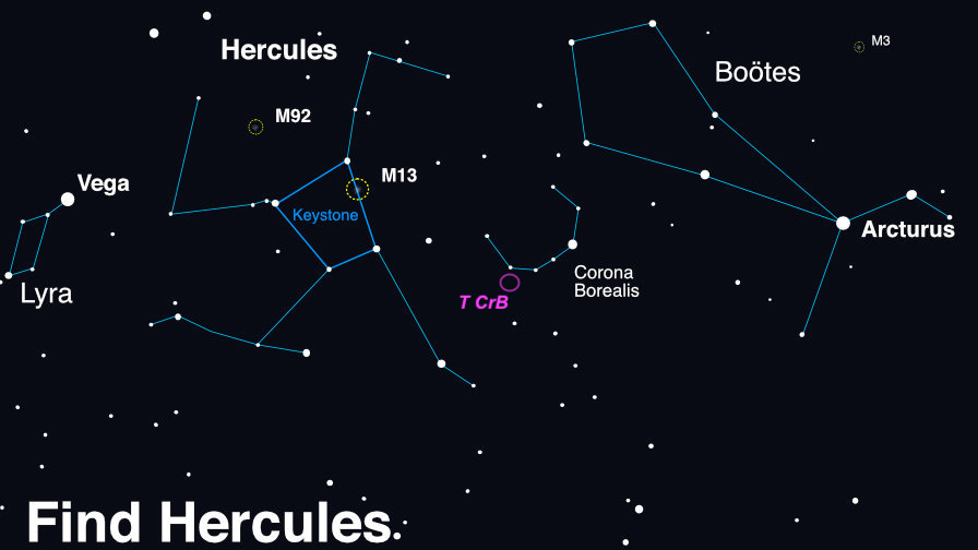 A map of stars and constellations. Left to right: Lyra, Hercules, Corona Borealis, and Arcturus.