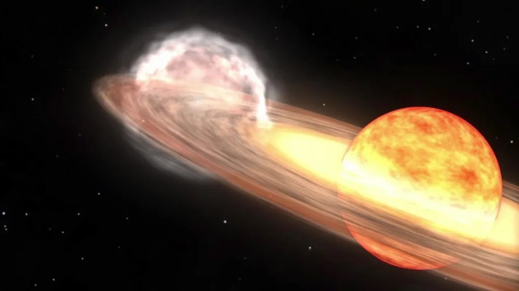 Artist rendition of a red giant star and white dwarf orbiting each other.
