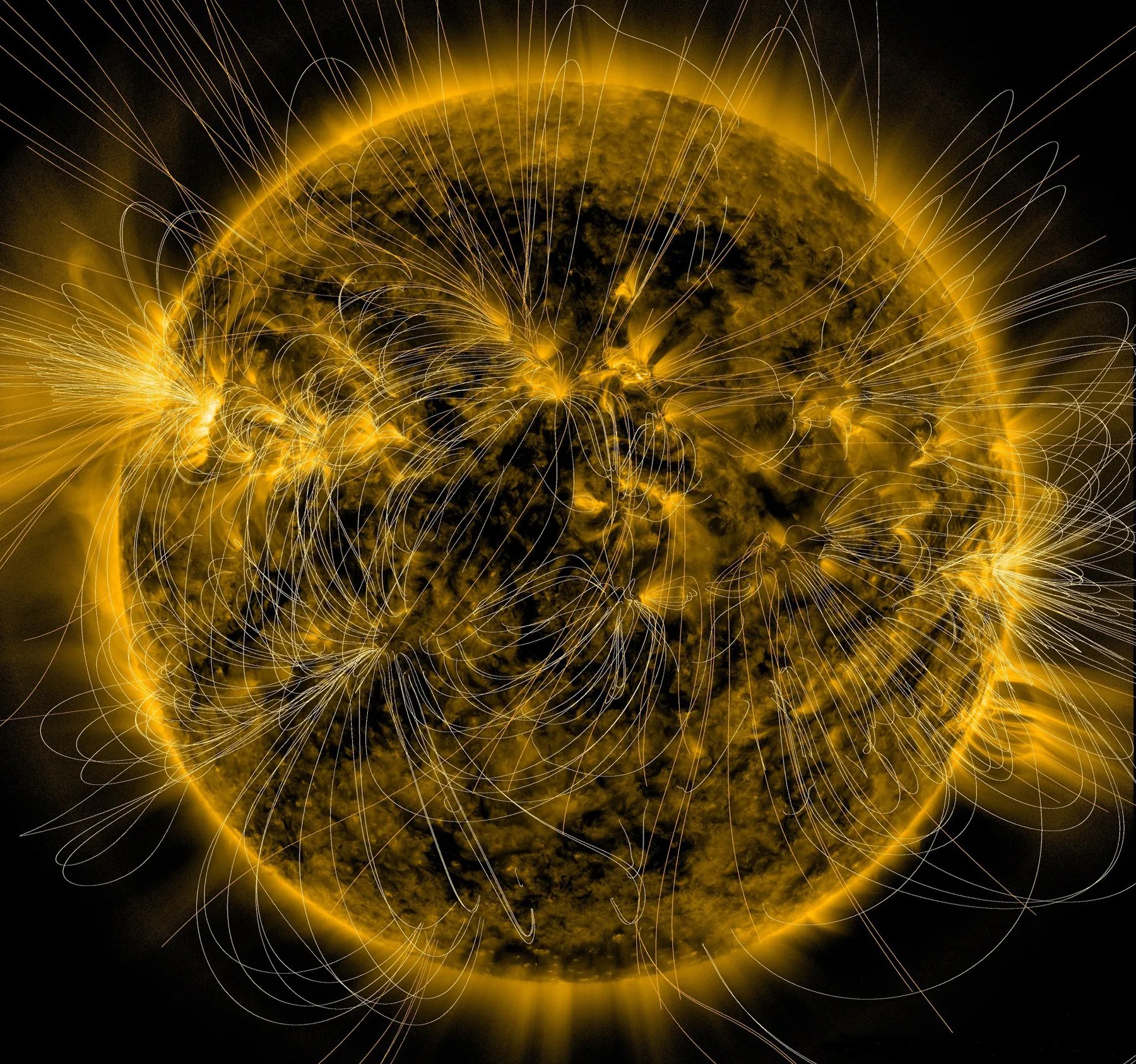 A spacecraft image shows the Sun as a patchwork of yellow and black. Many thin, white arcs extend away from the brighter yellow patches on the Sun and loop back downward to other parts of the Sun.