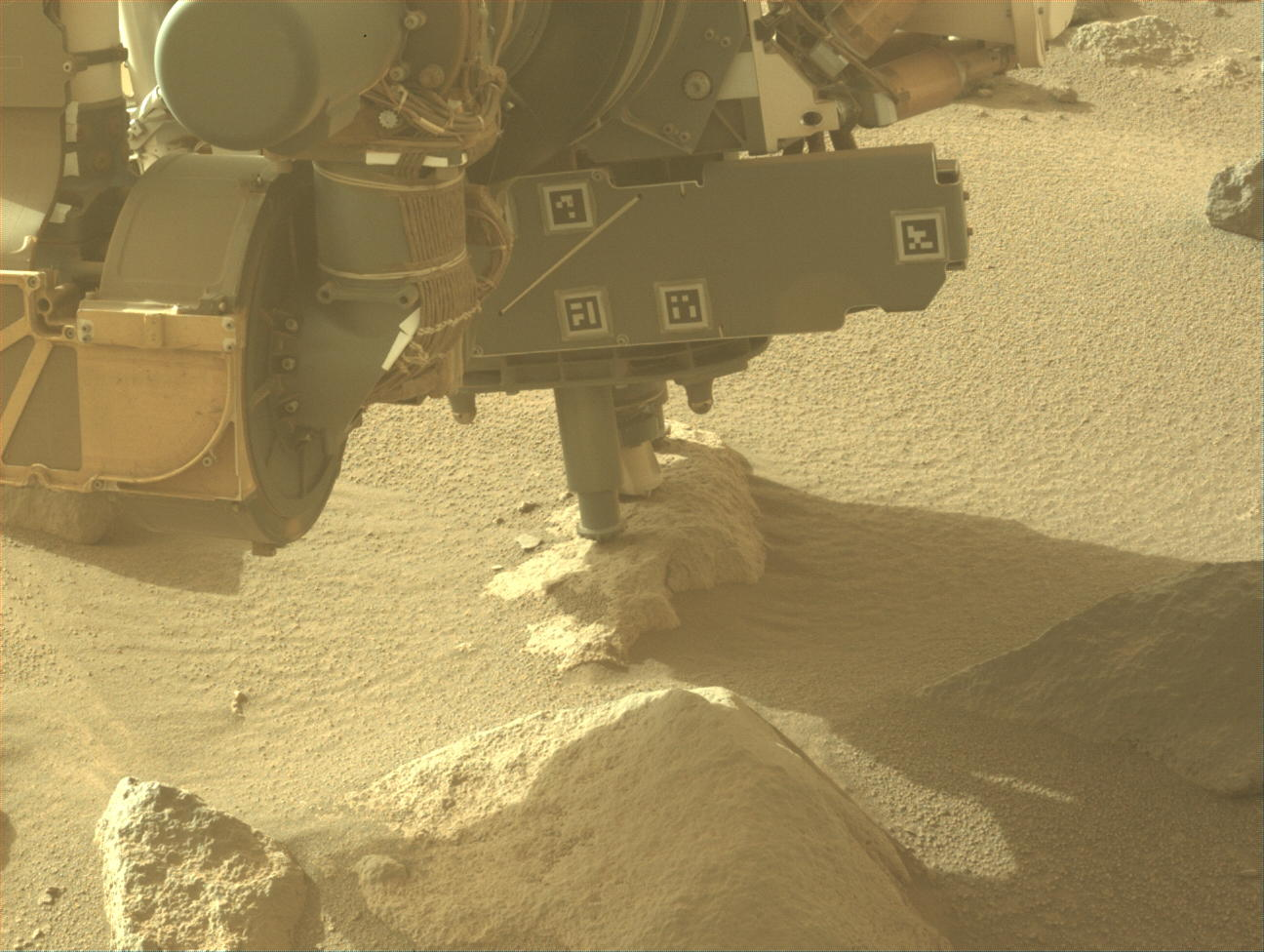 On Sol 1151 (May 16, 2024), Perseverance abraded a carbonate-bearing rock called Old Faithful Geyser in the Western Margin Unit. This activity was captures by the rover’s Left Hazard Avoidance Camera (HAZCAM).