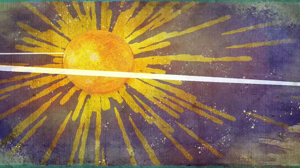 An artist's illustration of the Sun with rays extending outward is shown with a white horizontal streak passing through.