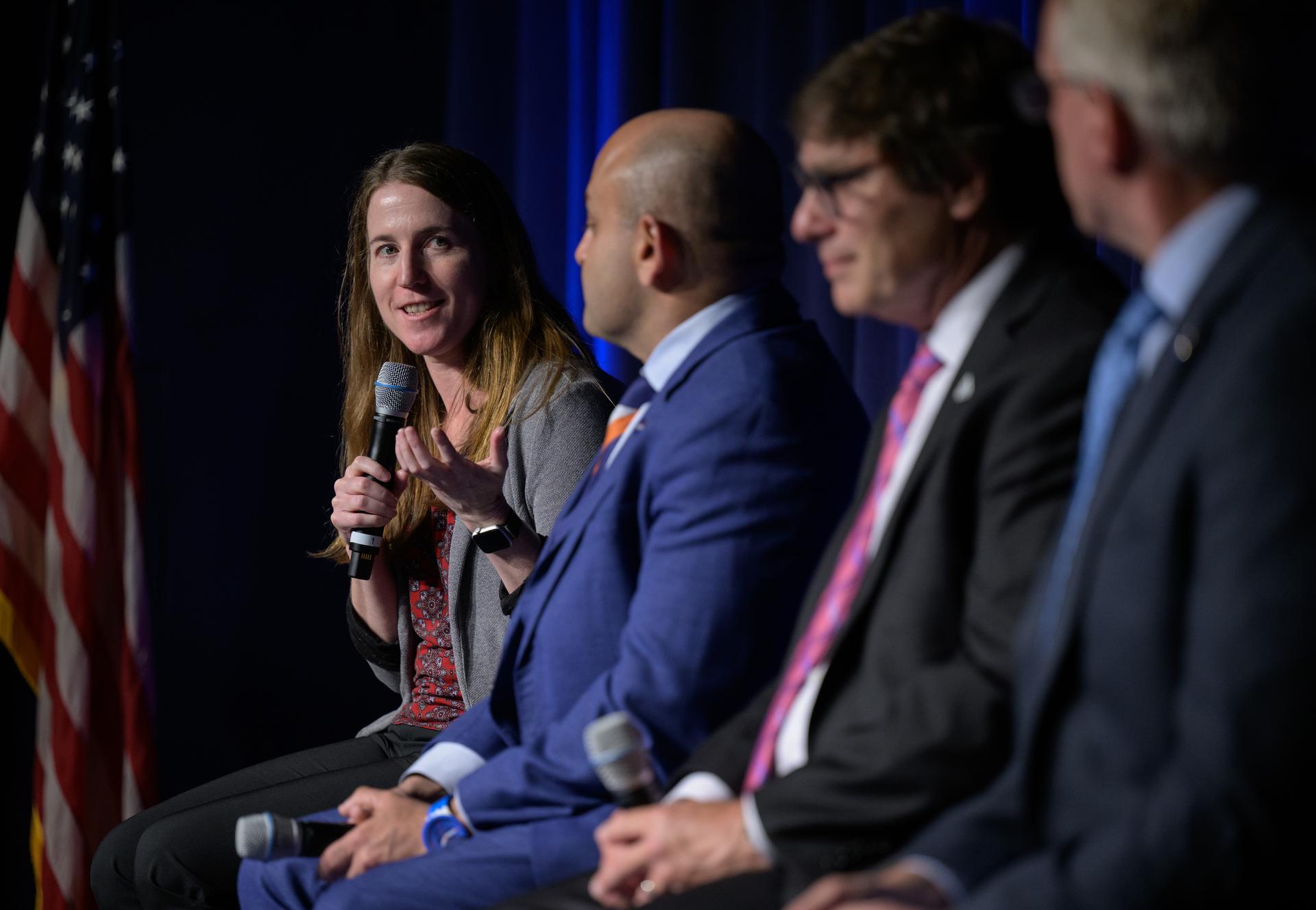NASA Chief Scientist Kate Calvin gives remarks in a NASA employee town hall on how the agency is using and developing Artificial Intelligence (AI) tools to advance missions and research, Wednesday, May 22, 2024, at the NASA Headquarters Mary W. Jackson Building in Washington.