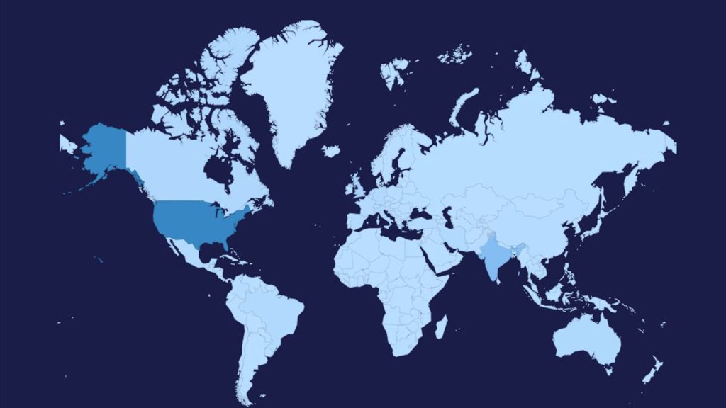 A map in shades of blue showing the continents of Earth.