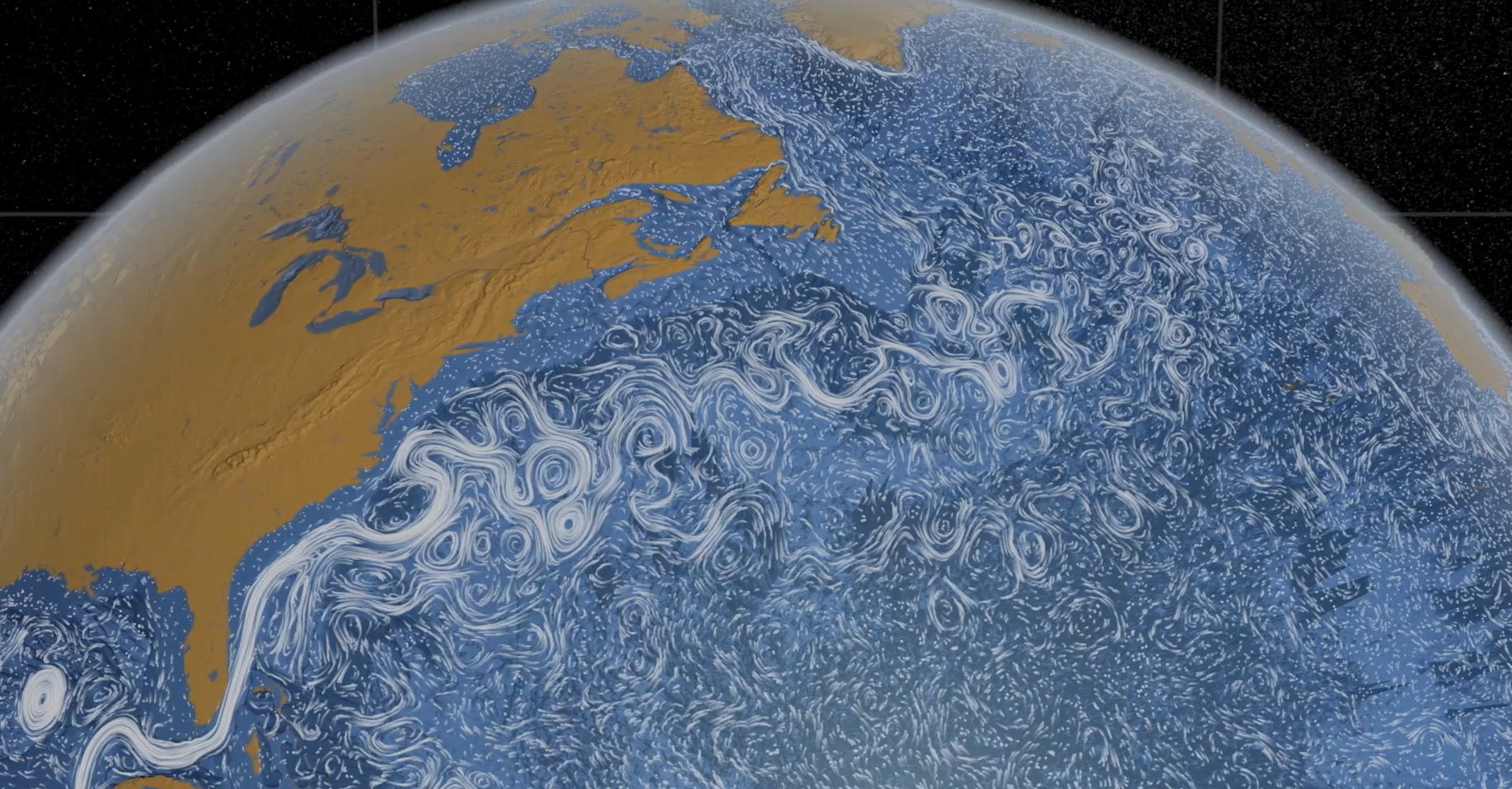 The image depicts a visualization of ocean currents on Earth, particularly focusing on the Atlantic Ocean. The intricate, swirling patterns represent the movement of water, showcasing the dynamic flow of currents. The landmasses, including parts of North America, Greenland, and Europe, are shown in a brownish hue, contrasting with the blue of the ocean. The currents are illustrated with white, wavy lines, emphasizing their direction and motion, creating a mesmerizing, almost artistic depiction of the perpetual movement of the ocean.