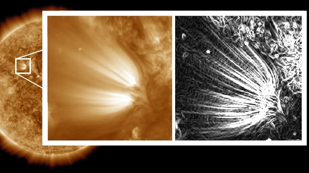 Two side-by-side images of the Sun's corona, derived from NASA data, showcase intricate solar structures. The left image reveals a detailed, glowing region in brown hues. The right image, processed in black and white, highlights sharp, radiating plasma structures. Both images are zoomed in from a full solar view.
