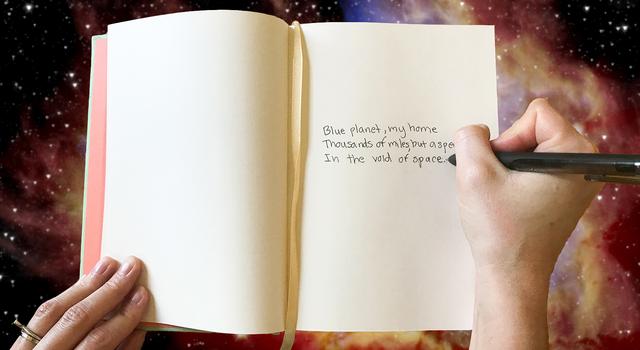 A mainly blank notebook is shown with the beginnings of a written poem on the right page. A hand is shown holding a pen to the paper.