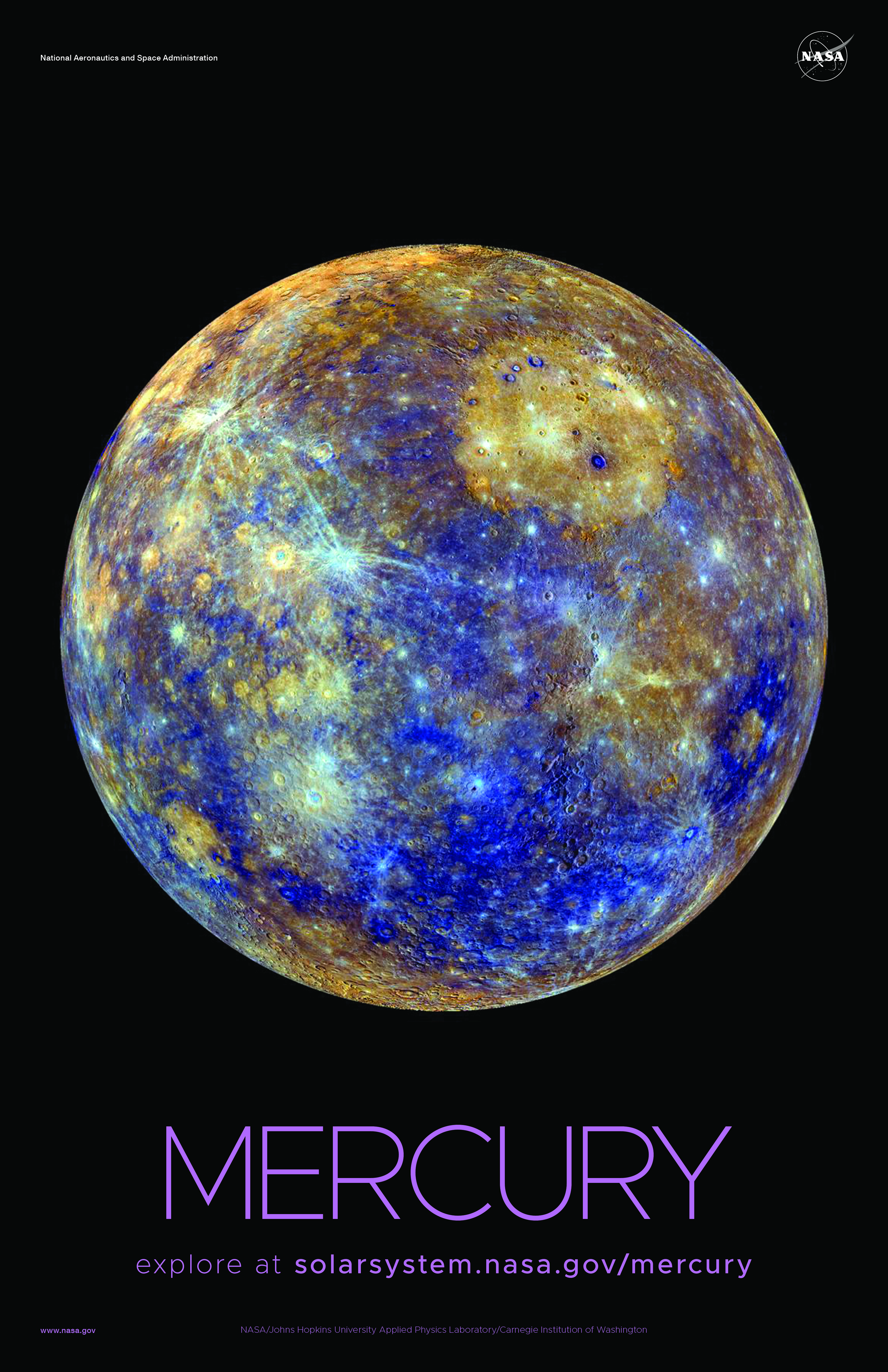 A global view of the planet Mercury is shown in false color.