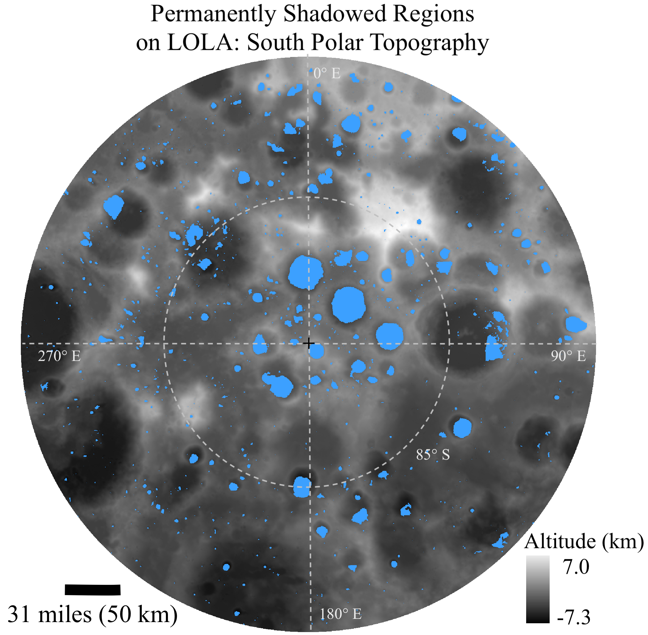 Illustration of permanently shadowed regions near the lunar south pole.