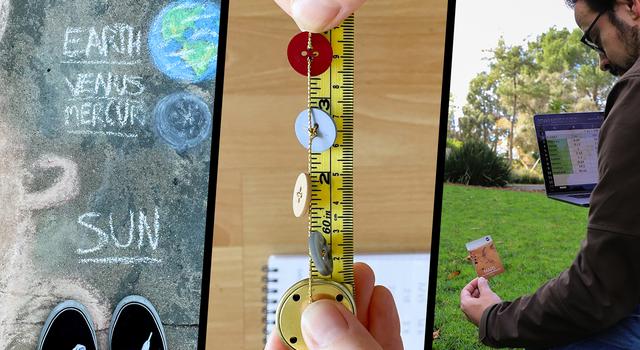 Three images are displayed side-by-side. The left image shows sidewalk chalk pictures of Earth, Mercury, and the Sun. The middle image shows a tape measure with a string of buttons laying on top of it. The right image shows a man holding a card in his left hand and a laptop in his right.