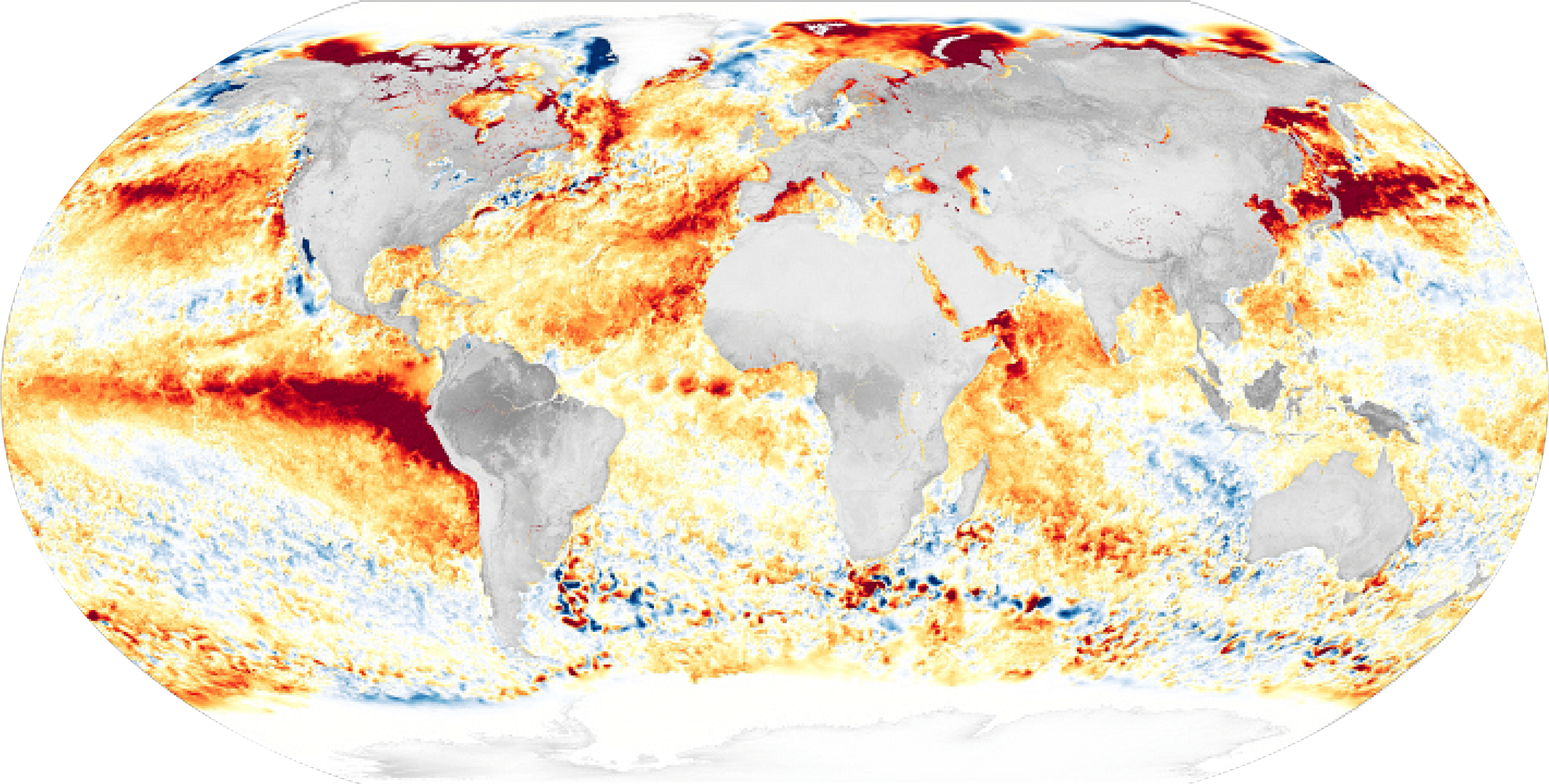 The map above shows sea surface temperature anomalies on August 21, 2023, when many areas were more than 3°C (5.4°F) warmer than normal. On that date, much of the central and eastern regions of the equatorial Pacific were unusually warm, the signature of a developing El Niño. As has been the case for weeks, large patches of warm water were also present in the Northwest Pacific near Japan and the Northeast Pacific near California and Oregon. Portions of the Indian, Southern, and Arctic Oceans also showed unusual warmth.