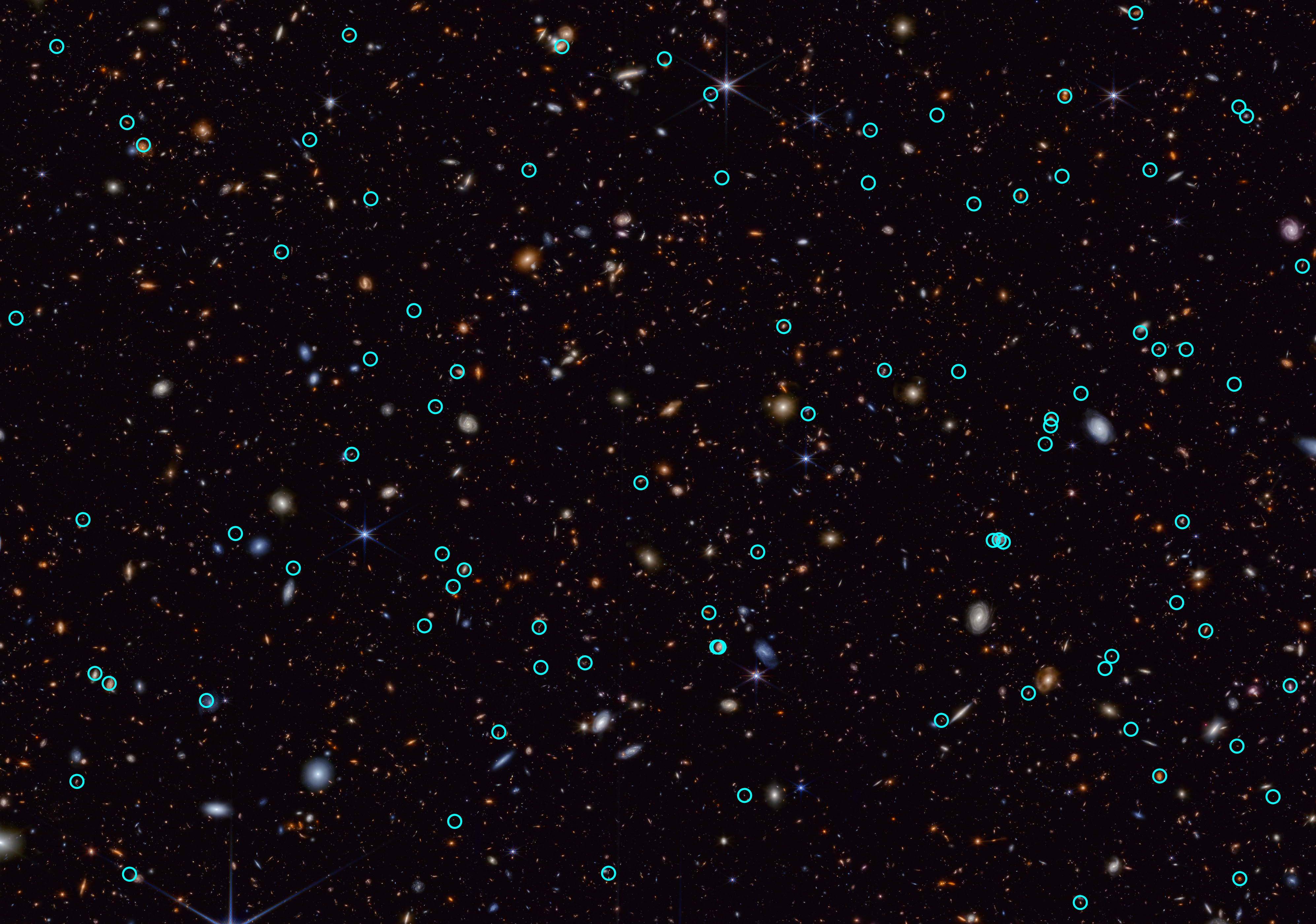 Space telescope image showing hundreds of objects of different colors, shapes, and sizes scattered across the black background of space, with about 80 of the objects circled in green.