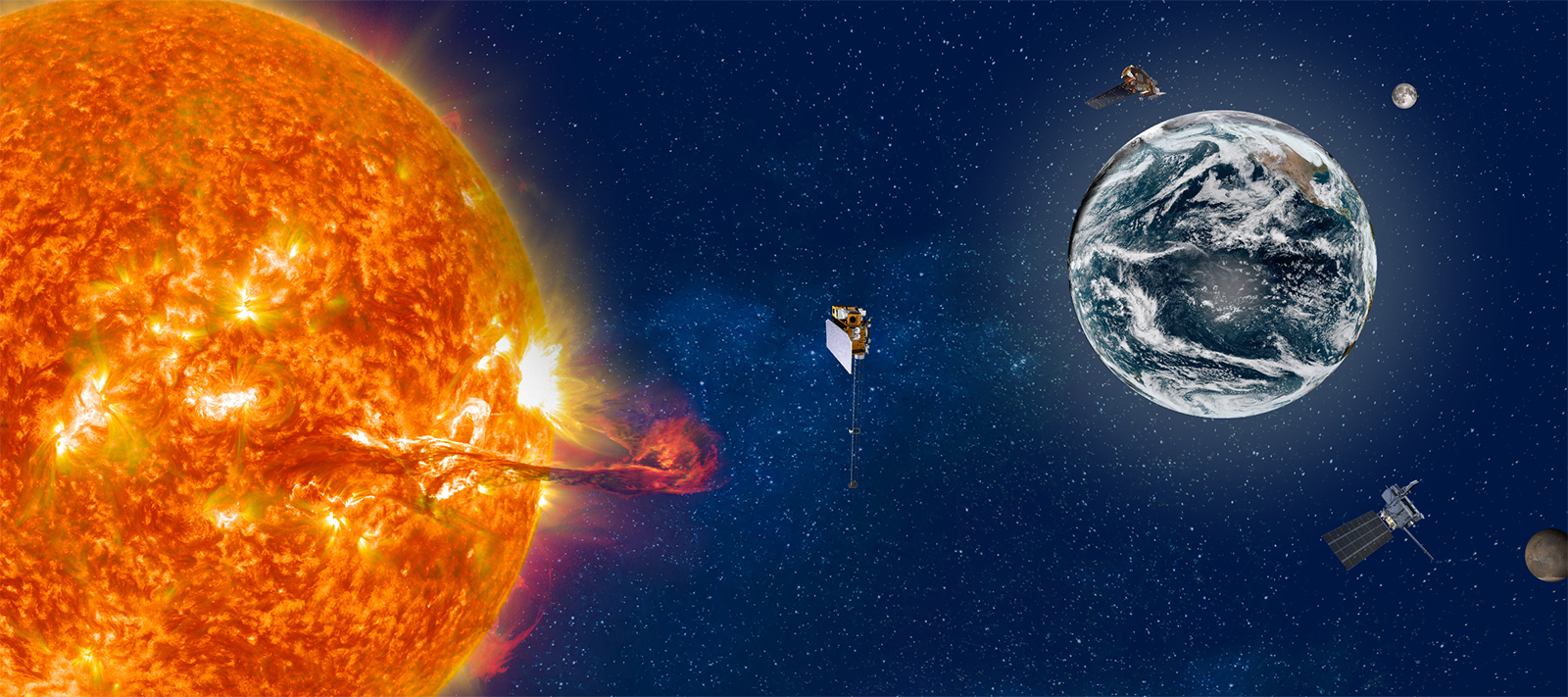 Illustration of the Sun and Earth, with multiple spacecrafts in space.
