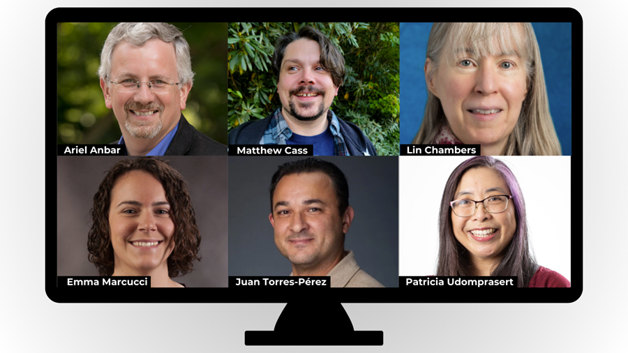 An image of a computer monitor displaying a virtual networking opportunity panel with six participants. The screen is divided into six sections, each showing a headshot of a different individual. The names of the participants are labeled under their images: Ariel Anbar, Matthew Cass, Lin Chambers, Emma Marcucci, Juan Torres-Pérez, and Patricia Udomprasert.