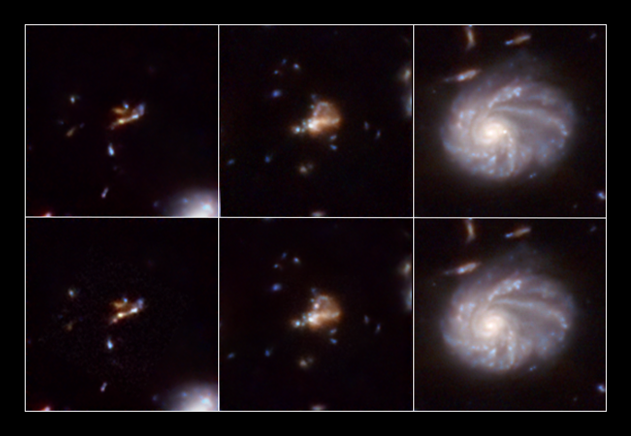 Six space telescope images show close-ups of two different observations (rows) of three different galaxies (columns). Of note are the bright blobs that are visible in one observation of the galaxy, but not the other.