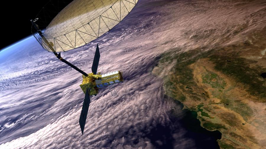 This artistâs concept depicts the NISAR satellite in orbit over central and Northern California.