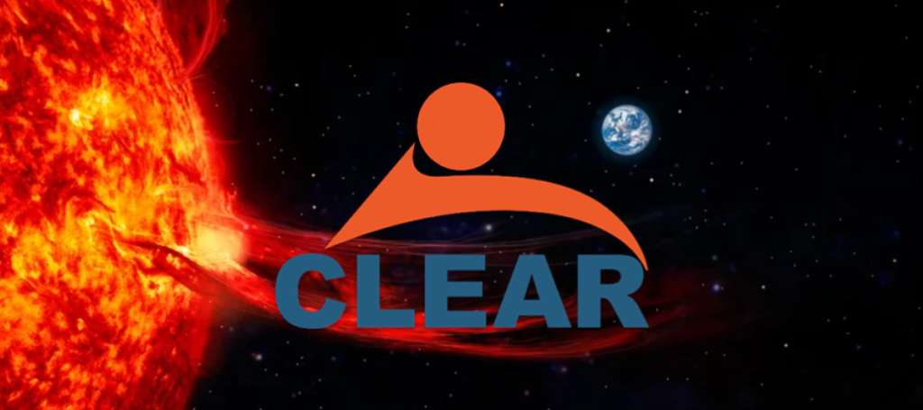 Graphic showing logo for the CLEAR Space Weather Center of Excellence over an artist's rendering of a solar flare erupting toward Earth.