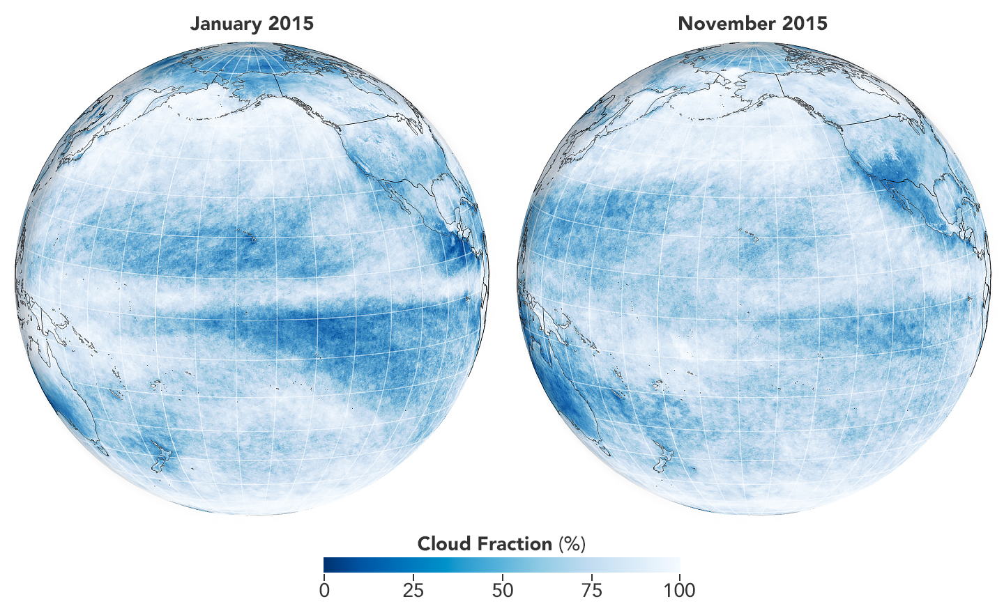 Just as El Niño influences ocean surface temperatures, it also alters the amount and location of clouds over the Pacific.