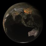 This is a still of a data visualization of global carbon dioxide that orbits Earth from a distance.