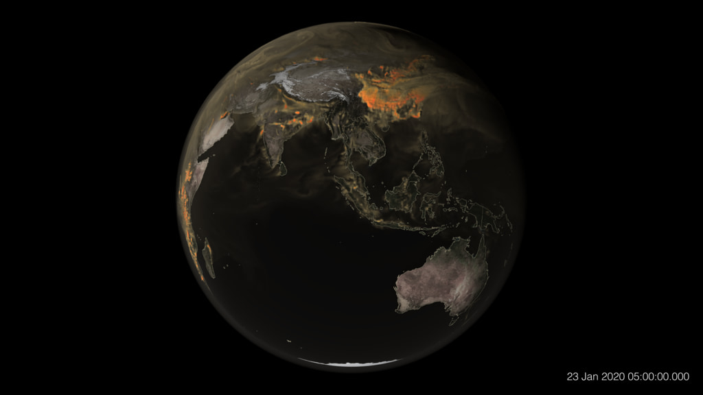 This is a still of a data visualization of global carbon dioxide that orbits Earth from a distance.