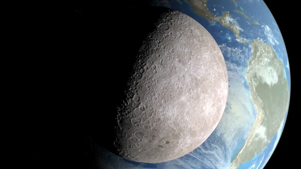 A rendering of the Moon in the foreground, with a larger Earth behind it.