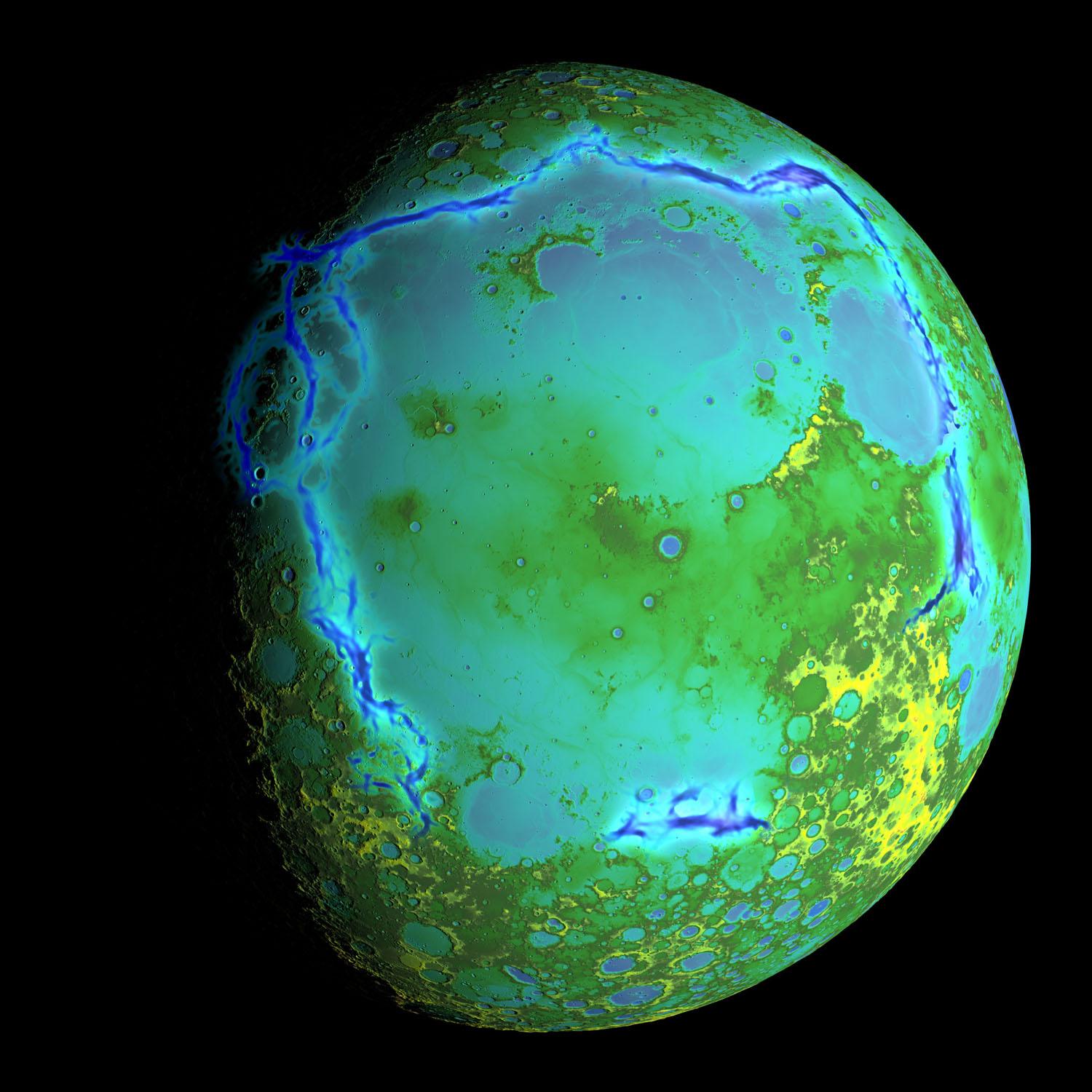A rendered image of the Moon in color. Shades of blue, green, and yellow highlight topographical features, whereas blue represents gravitational anomalies.
