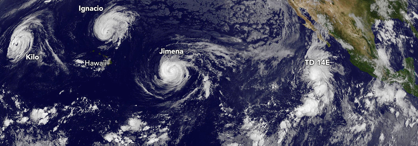 The GOES-West satellite observed four tropical cyclones roiling the Pacific on September 1, 2015, during an El Niño event.