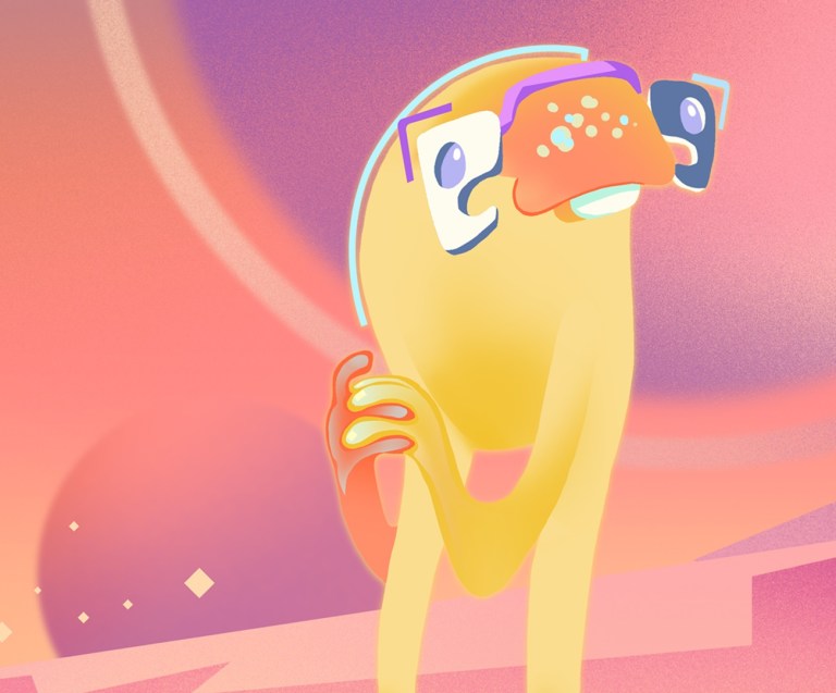 The Brain is a cartoon character that has a tall, slender shape with long legs connecting at the torso. The Brain has a small, bean-shaped body on top of its tall legs and two arms with hands and fingers that intertwine in front of it. The character does not have a distinct head separate from its body, but its face has a nervous expression comprised of silver glasses (each side of the glasses is shaped like a small face), a wide flat orange nose with blue speckles, and a single tooth jutting out from the bottom of the nose. The character is primarily yellow with some orange shading.