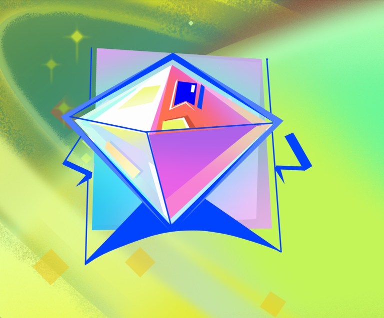 The Captain is a short, square character that has its hands on its hips and a confident stance. The character is square-shaped with its legs being the bottom two points of the square and its face being a forward-facing pyramid on the front of that square. The character is made up of a mix of blue, purple, and pink colors.