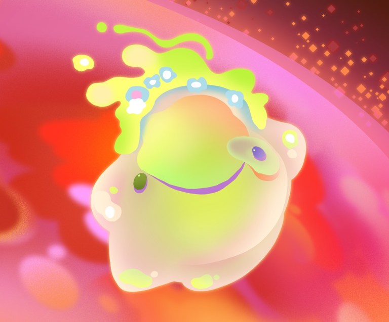 The Friend is a medium-sized, blob-shaped character that is primarily a mix of bright greens with some pink, white and blue accents, and a bright pink shadow. The Friend has two short, blobby arms and two short, blobby legs but is mostly made up of a rounded torso that at its center has a long, wavy smile with an eye on either side. At the top of this character is a "hairdo" that has a blobby, slime-like shape with a small number of scattered dots that loosely resemble flowers.