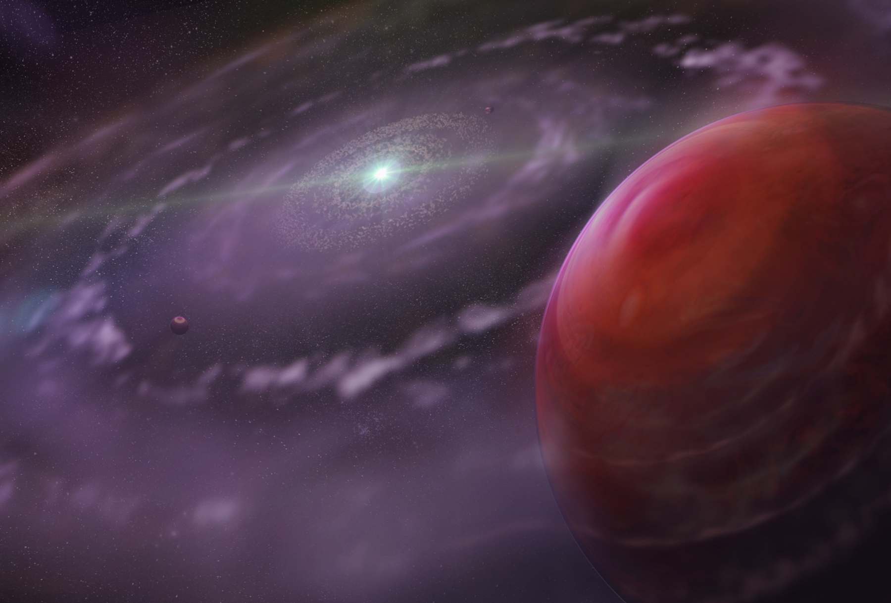 A red planet sits at the foreground of an image of a planetary system. There is a bright light at the center of the system, a bit off center of the image. The bright light is surrounded by concentric rings of small asteroids and gas. There are other small planets interspersed between the rings.