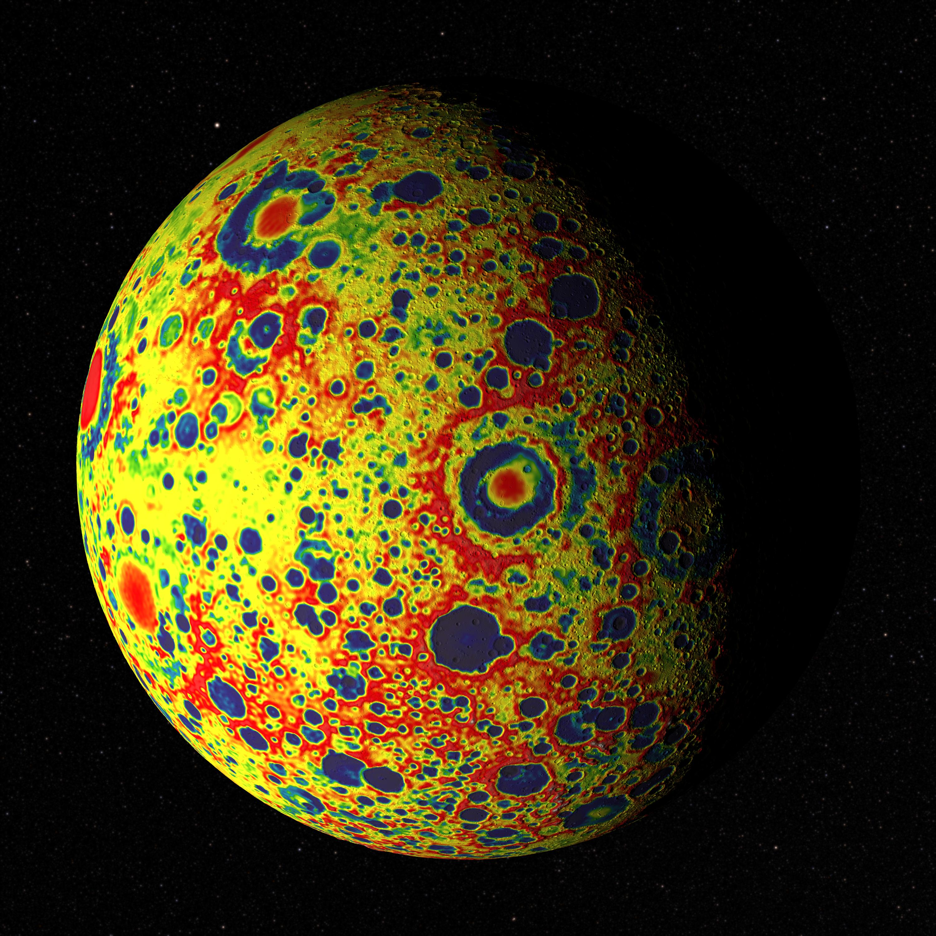A color map of the Moon. The varying colors represent gravitational pull in each area. The map is a mixture of yellows, greens, blues, and reds.