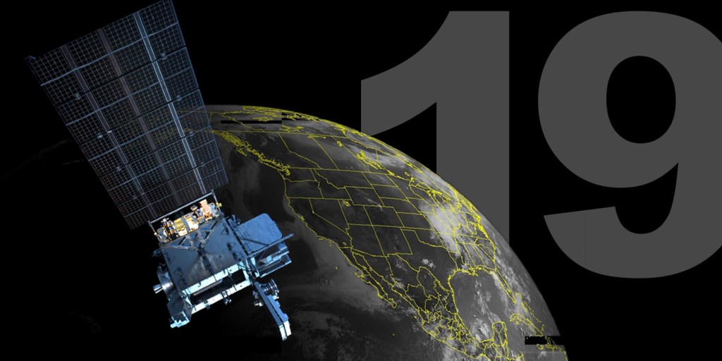 GOES-U satellite pointing toward earth showing north america. A large 19 in the background and the words Geostationary 89.5w over the image.