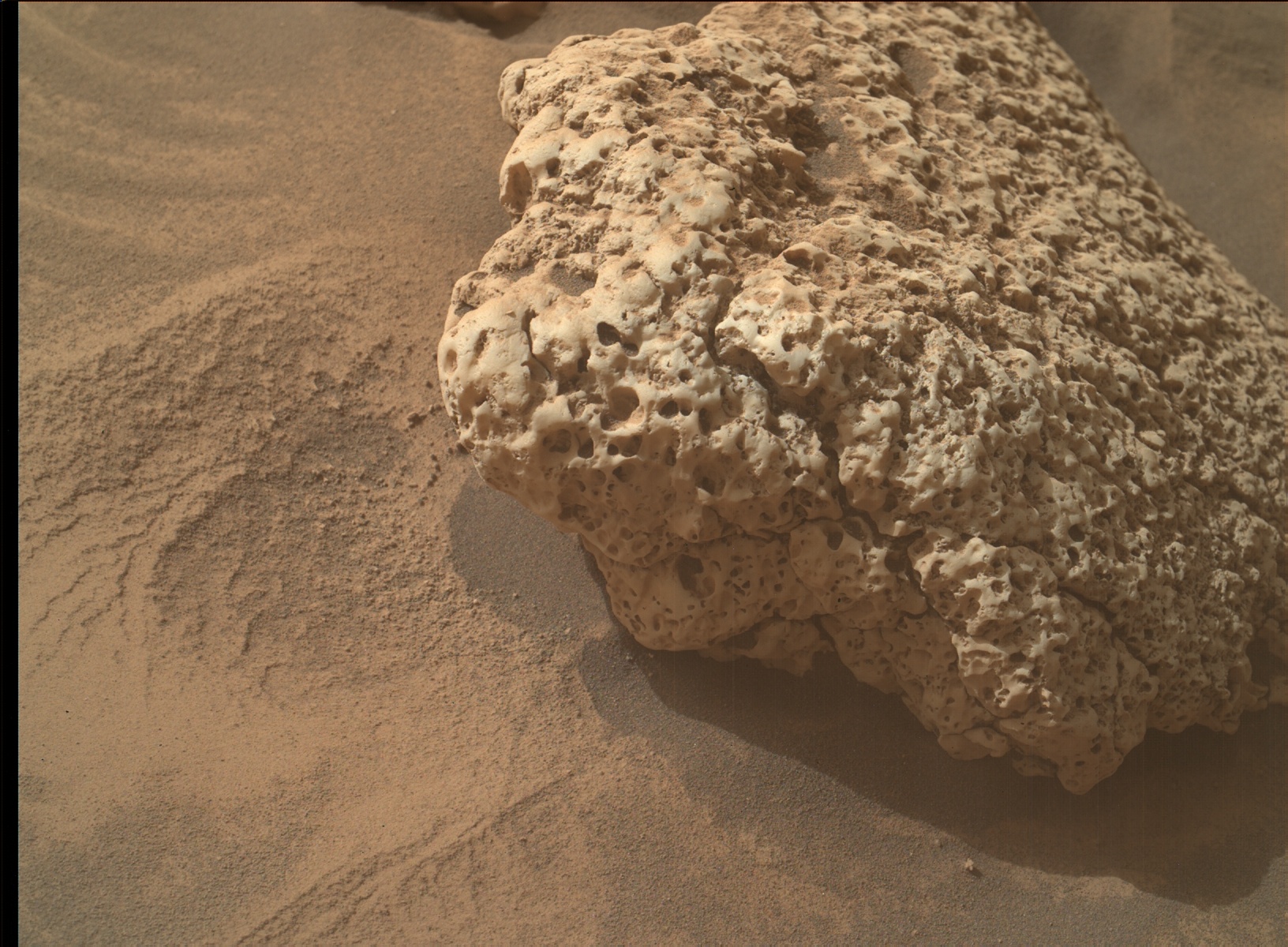 On a Martian surface covered in fine, powdery, brownish-orange soil, a large pockmarked rock – resembling a natural sponge – dominates half of the frame, extending from the upper-right corner to the center.