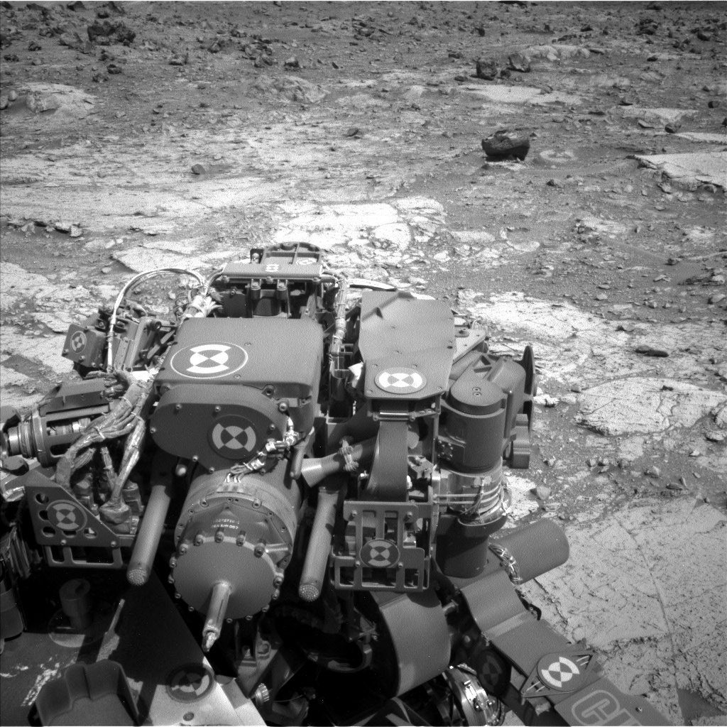 Navcam Left image of our stowed arm turret, including the drill as it rests between drill campaigns