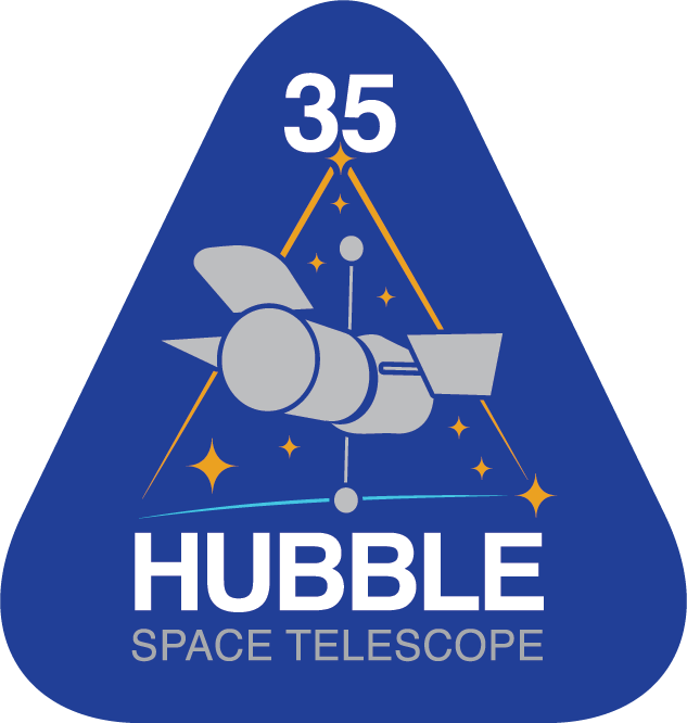 Blue triangle with an illustration of the hubble space telescope surrounded by stars, text and lines with 35 at the top.