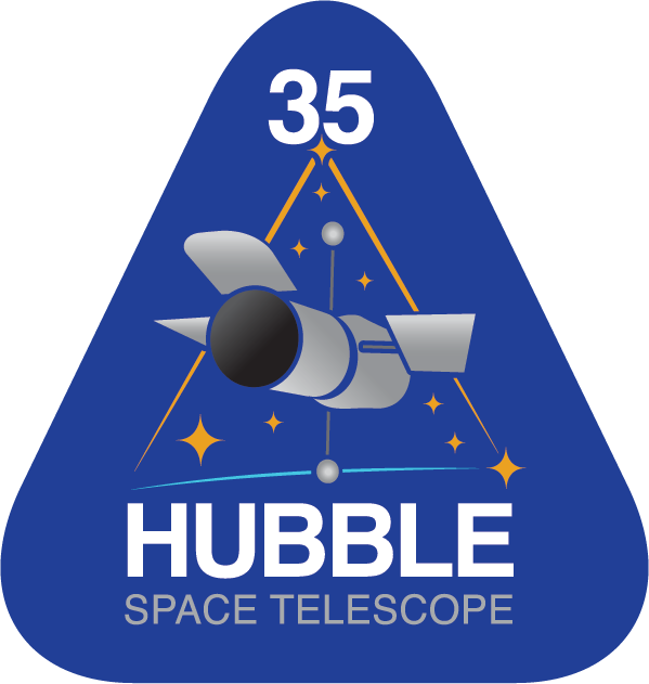 Blue triangle with illustration of the hubble space telescope in the center with star and lines around it with a 35 at the top.