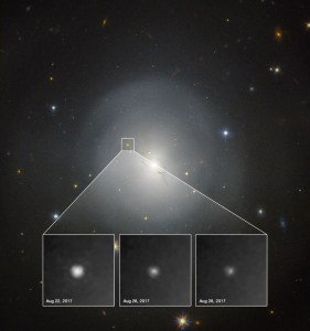 A lenticular galaxy seen face on. To the upper left of the galaxy's core is a bright, yellow dot with a box around it. That is the kilonova. The bottom of the image holds three expanded views of the kilonova at different times.