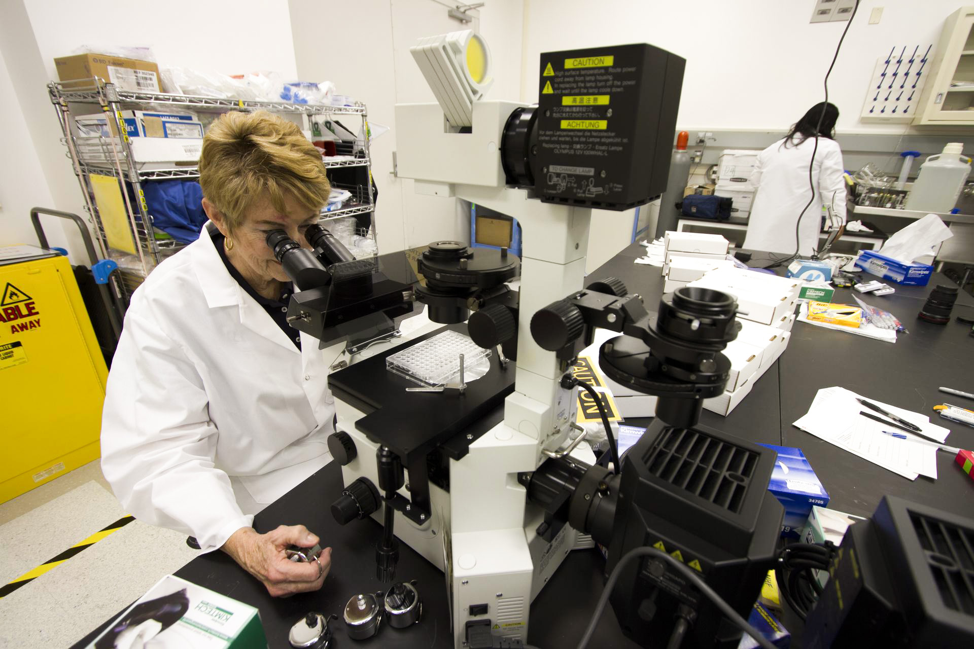 A researcher behind a microscope looking at various specimens.